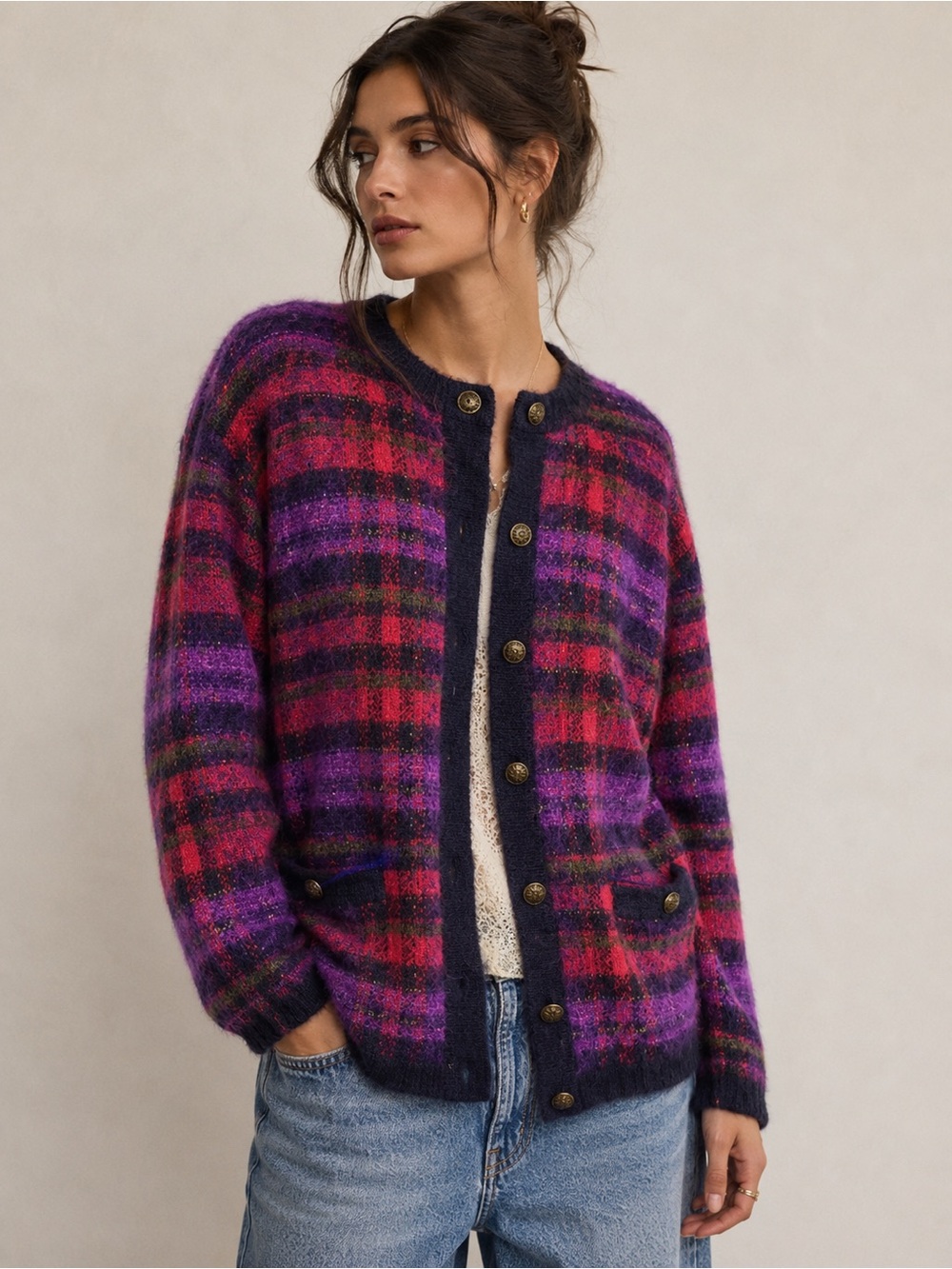 Vintage Barbara Sue Mohair Blend Plaid Cardigan Sweater Brass Buttons Medium